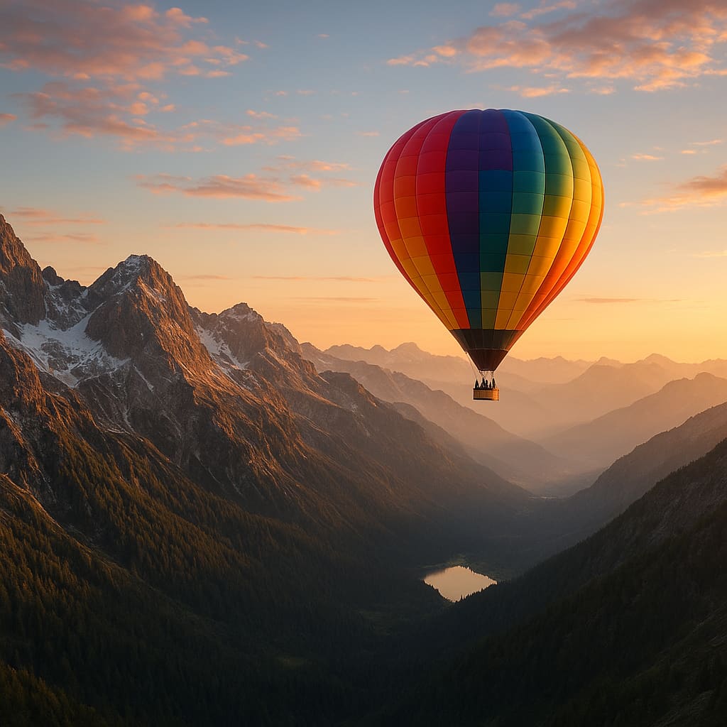 Hot air balloon over the Alps at sunrise